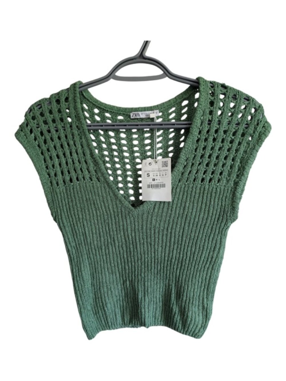 NWT‎ Zara Green Open Knit Sleeveless Sweater Vest Top Crop V-Neck Size S